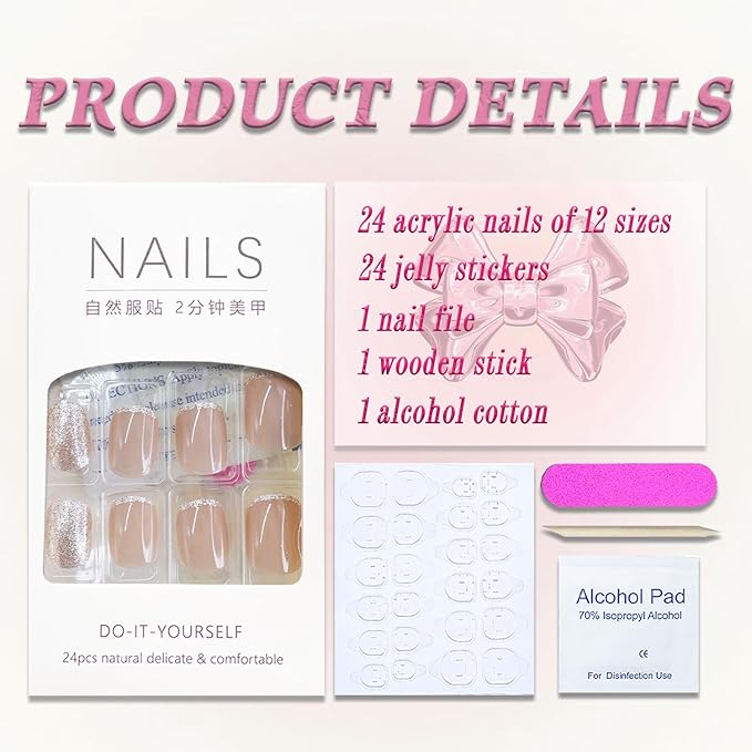 French Tip Press on Nails Glitter Petite Short Square Fake Nails Pink Nude Glossy Design Sparkly False Nails Glue on Nails with Full Cover Acrylic Stick for Women Girls Nail Decorations 24Pcs