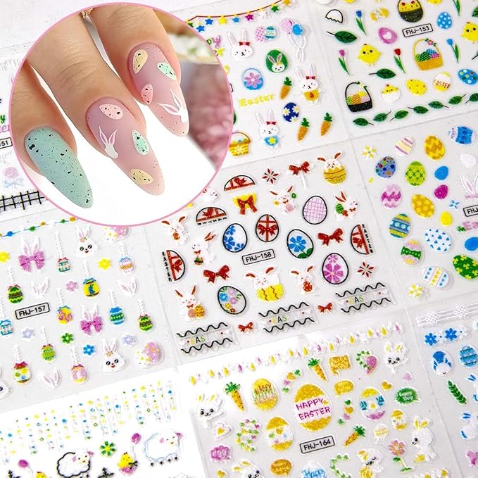 30 Sheets Easter Nail Art Stickers 3D Self-Adhesive Rabbit Nail Decals Cute Bunny Egg Nail Art Design for Women Nails Art Decorations Manicure Accessories