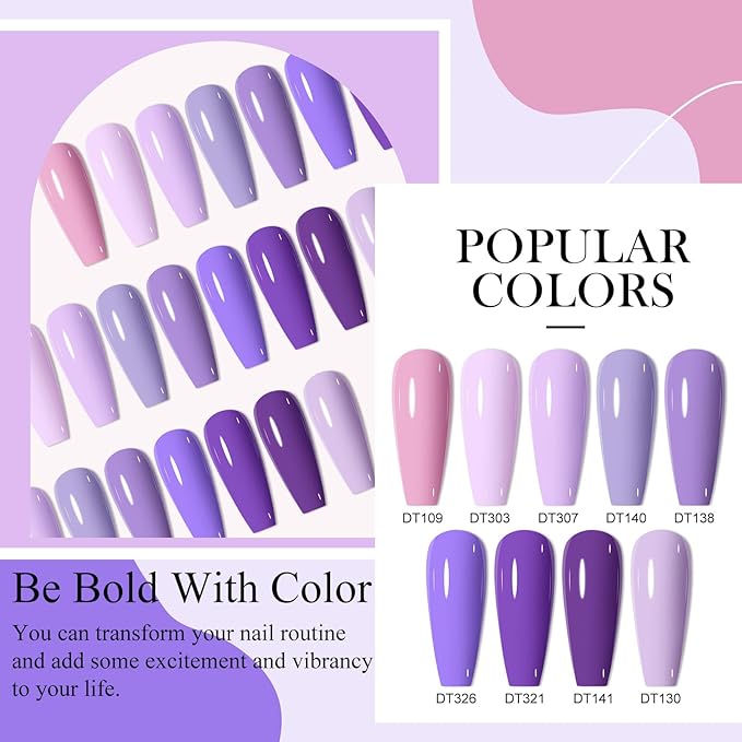MEET ACROSS 12pcs Gel Nail Polish Set,Soak Off UV LED Lamp Gel Nail Polish Kit,Fashion Shimmer Nail Art Design Gifts for Women Manicure Salon (Purple)