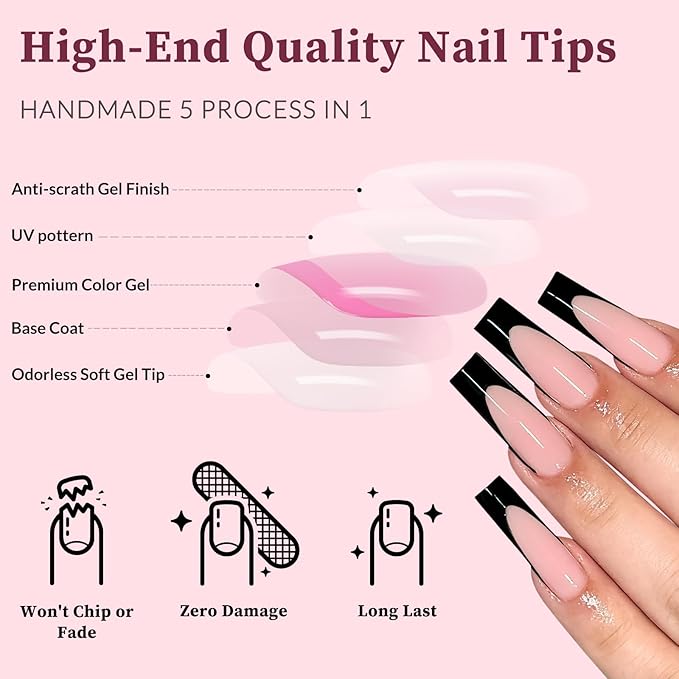 120PC Black French Tip Press on Nails Long Fake Nails Press ons with 5*Adhesive Tabs, Pink Square Acrylic Nail Press on Nail French Tip Nails False Artificial Fingernails Stick on Nails-C