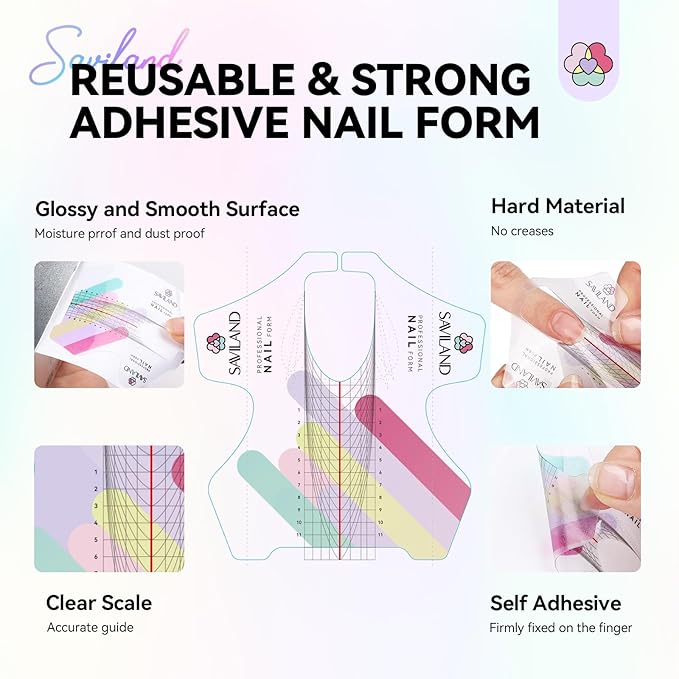 SAVILAND Plus Nail Forms: Reusable Sticky Nail Form for Builder Gel Super Adhesive Nails Extension Forms for Acrylic Nails with Precise Length Guide
