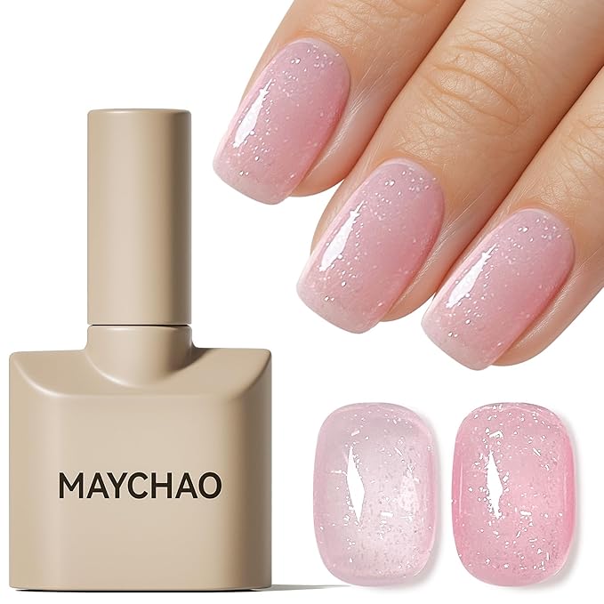 MAYCHAO 15ML Glitter Nude Pink Gel Nail Polish 1Pc Iridescent Shimmer Jelly Neutral Skin Tone Clear Sparkly Pink Natural Soak off UV LED Cured Nail Polish for Manicure Salon DIY at Home, 0.5 OZ