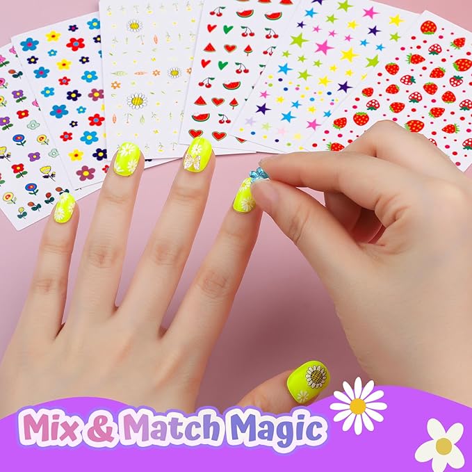 FANDAMEI Press On Nails for Girls, 12 Style Ombre Glitter Press On Nails for Kids, 6 Sheet Star Strawberry Bow Flower Nail Stickers for Kids, Colorful 3D Gem Stickers Face Gems, Nail Art Kit for Girls