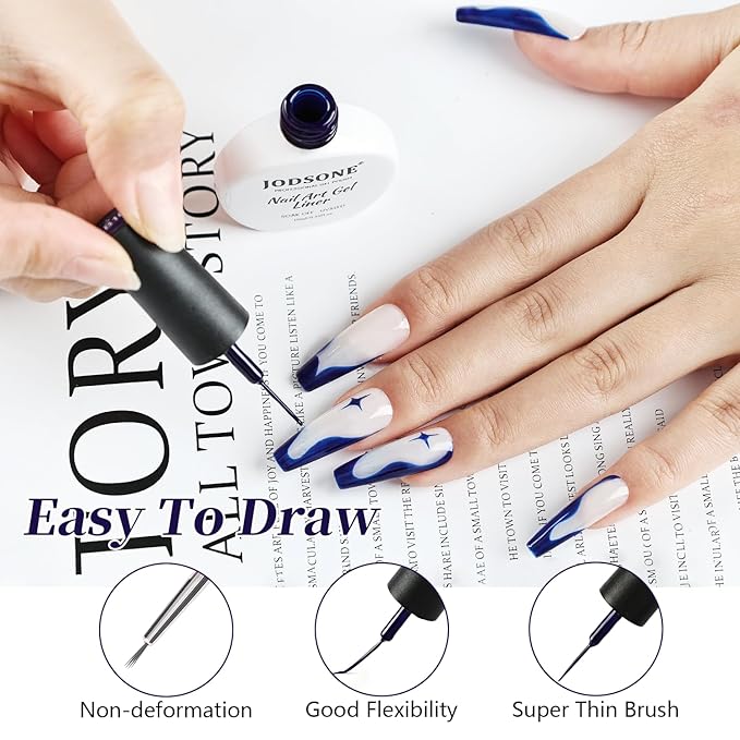 JODSONE Dark Blue Swirl Nail Art Liner Gel Polish,10ml Classic Color 3D Nail Art Pens Effect Nail Print Design with Thin Brush for French Tips Manicure Painting DIY at Home - LB10