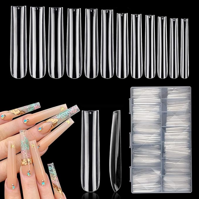 LIONVISON 3XL Clear Full Cover Square Nail Tips for Acrylic Nails Professional, 504PCS Extra Long Tapered Square Straight Nails Tips, 12 Sizes Press On Gel False Nail Tips for Nail Salons Home DIY