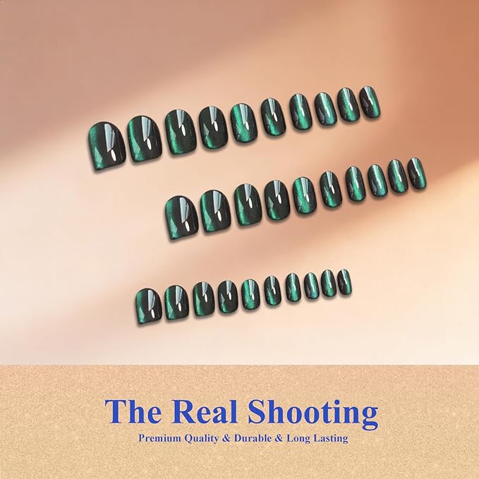 Cat Eye Press on Nails Short, Chrome Press on Nails Oval, Thick Glazed Black Emerald Green Fake Nails Press ons for Women Party Prom, Reusable Glitter Glue On Nails Almond in 15 Sizes, 30 Pcs