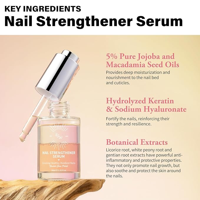 EJW Nail Strengthener - Growth & Conditioning Treatment for Thin, Weak, and Damaged Nails | 1.01 fl oz, Vegan & Cruelty-Free, Base Coat Compatible