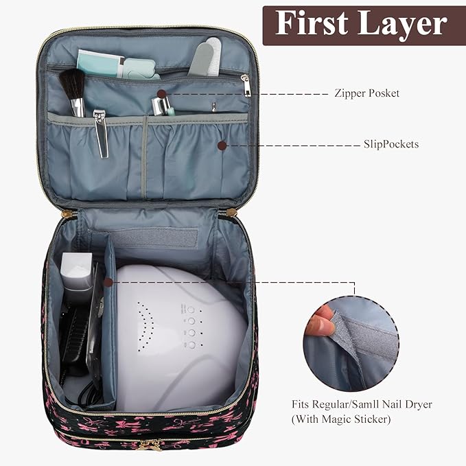 Nail Polish Organizer Aesthetic Nail Organizers and Storage, Bow Nail Supplies Kit Organizer Travel Carrying Case for Manicure Tools (Black, 2 Layer)