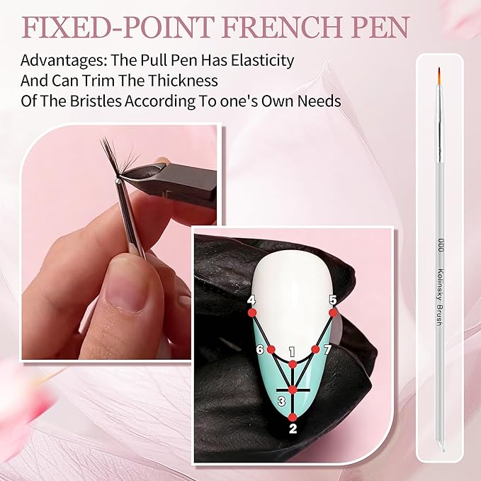6pcs French Tip Tool Brush, 2 Way Clean up Brush for Gel Polish with Dotting Tool Franch Nail Art Brushes Set Liner Fine Cuticle Beginner 7mm/9mm/11mm, 12#, 14#, 16#