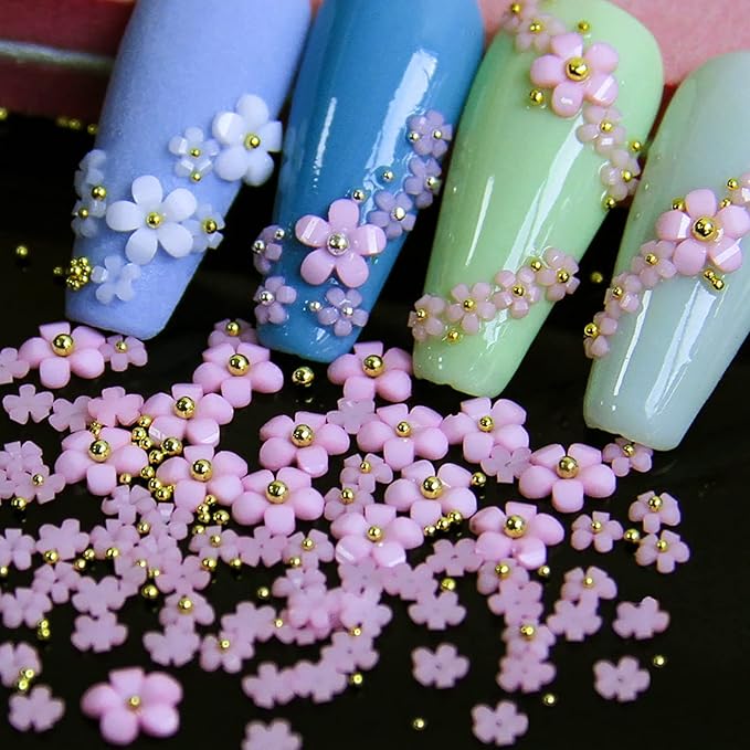 800 Pieces 3D Flower Nail Art Charm White Flowers Nail Decoration Decals Multicolor