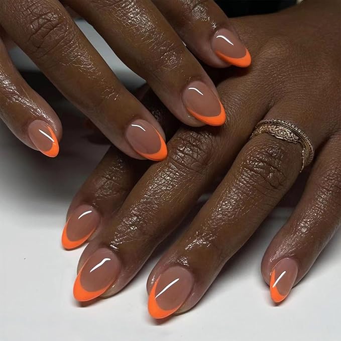 Short Press on Nails Almond Orange French Tip Glue on Nails Cute Fake Nails Full Cover Stick on Nails Glossy Artificial Nails Short Acrylic Nails Press ons Reusable False Nails for Women 30 Pcs