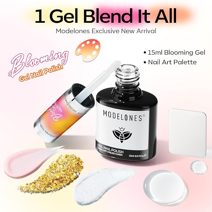 modelones Blooming Gel Nail Polish 15ML with Nail Art Palette, Clear Blooming Gel for Spreading Effects Floral Print Marble Watercolor Design Mix Color Glitter Power Nail Art DIY
