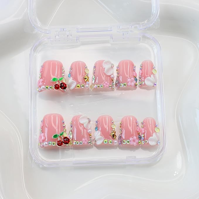10Pcs Short Pink Press on Nails Handmade Duck Fake Nails with 3D Flower Cherry Rhinestone Design Cute False Nails Artificial Acrylic Nails Press ons Multi-Layer Handmade Stick on Nail for Women (S)