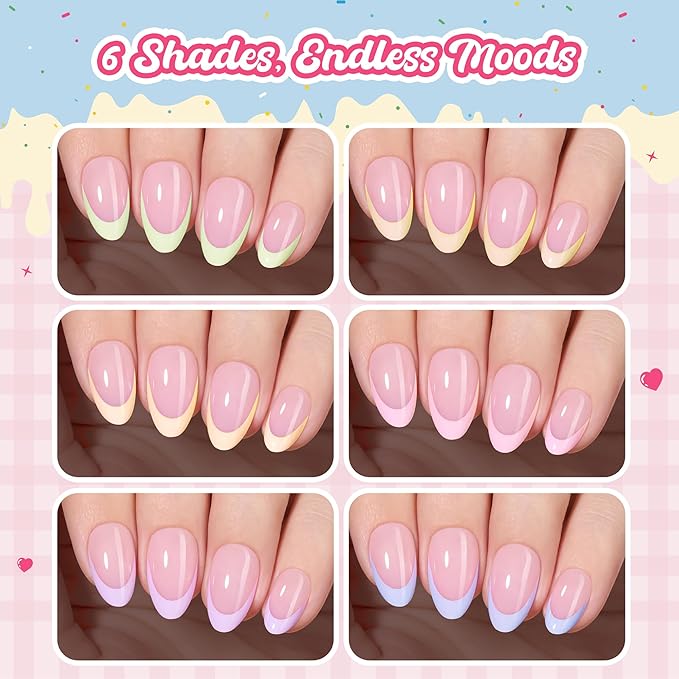 Beetles French Tips Press On Nails, Pastel Spring Nails Short Almond 6 Colors 192 Pcs, Spring Fake Nail Tips, Pink Blue Green Soft Gel Nails False Nails Art DIY For Women