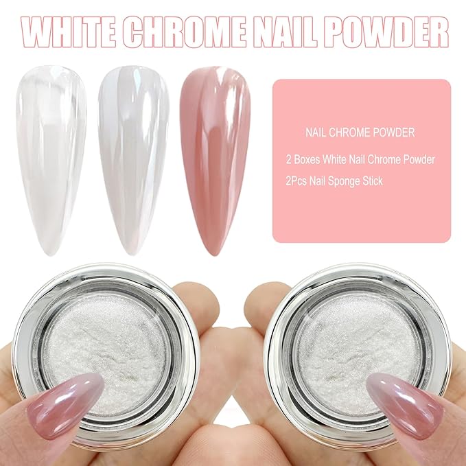 2Pcs White Chrome Nail Powder, Pearl Nail Chrome Powder Magic Clear Mirror Effect Nail Glitter White Shimmer Pigment Dust for Nails Art Design