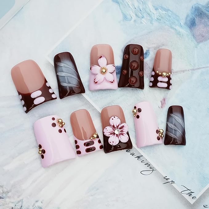 Handmade Duck Press on Nails, 3D Luxury Rhinestone Flower Design French Dark Brown Fake Nails Short Duckbill-shaped False Nails for Women Nail Art DIY (Blush Mauve Flower Waltz,L)