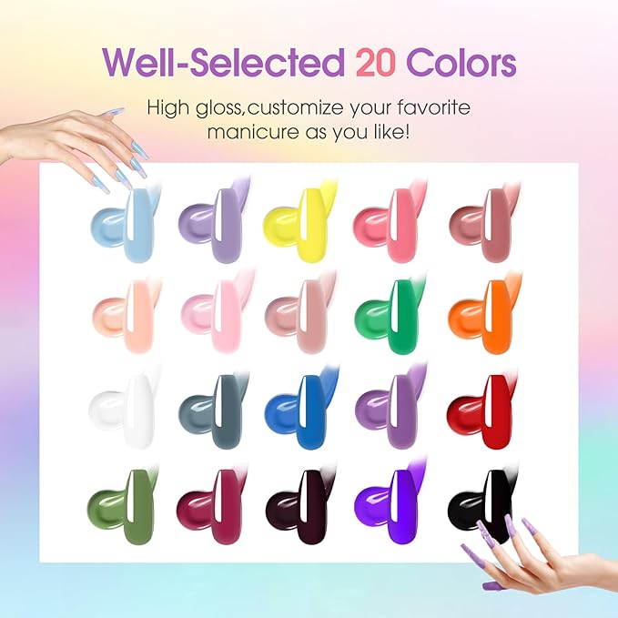 ROSALIND 20 PCS Colors Poly Nail Gel Kit -Neon Poly Nails Gel Kit Starter Kit - Slip Solution Pro Nude Pink Nail Extensions Gel Set With UV Lamp Drill Nail Art Builder Kit