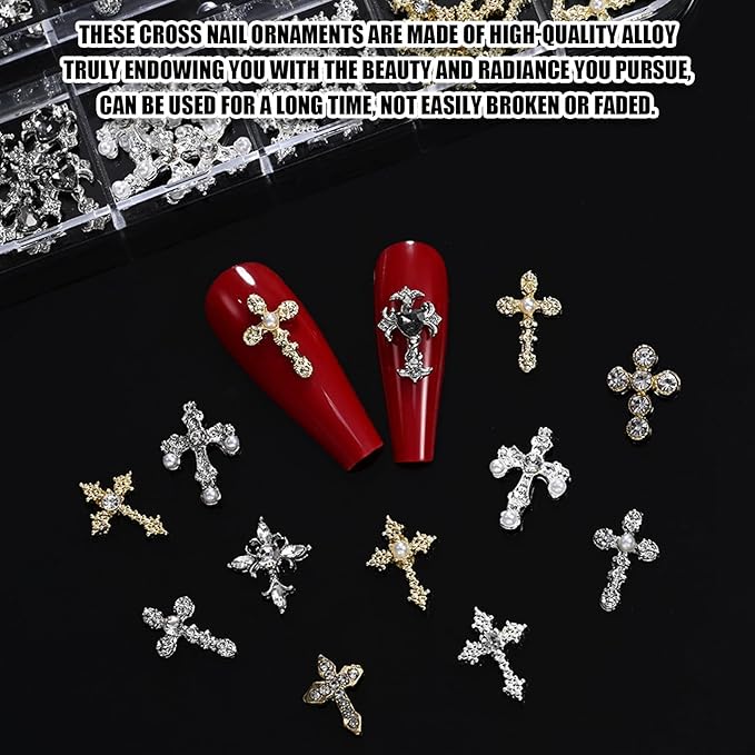 3D Cross Nail Charms for Nail Art, 60 Pcs Metal Crystal Cross Nail Decorations, Alloy Nail Studs and Rhinestones for Women Girl DIY Jewelry Crafts Supplies (Gold+Silver B)
