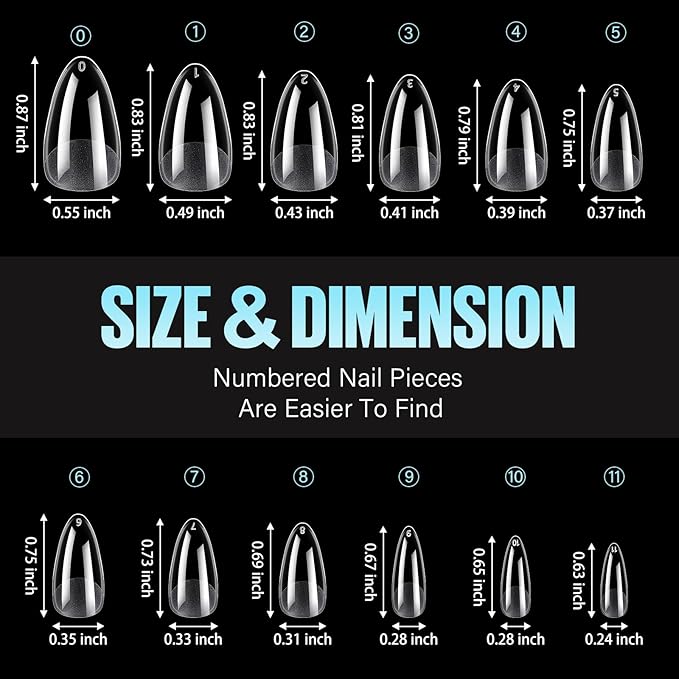 TOMICCA Medium Almond Nail Tips, 192Pcs 12 Sizes Acrylic Pre Buffed Medium Almond False Tips, Full Cover Half Matte Nails for Nail Art Extension Press on Nails