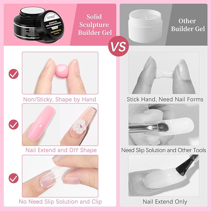 Solid Builder Gel for 3D Nail Art Extension Gel Non Stick Hand Sculpture Hard Gels with Dual Form Flower Strengthen for Home DIY Nails Salon Lamp Cure Require 30g(1oz)