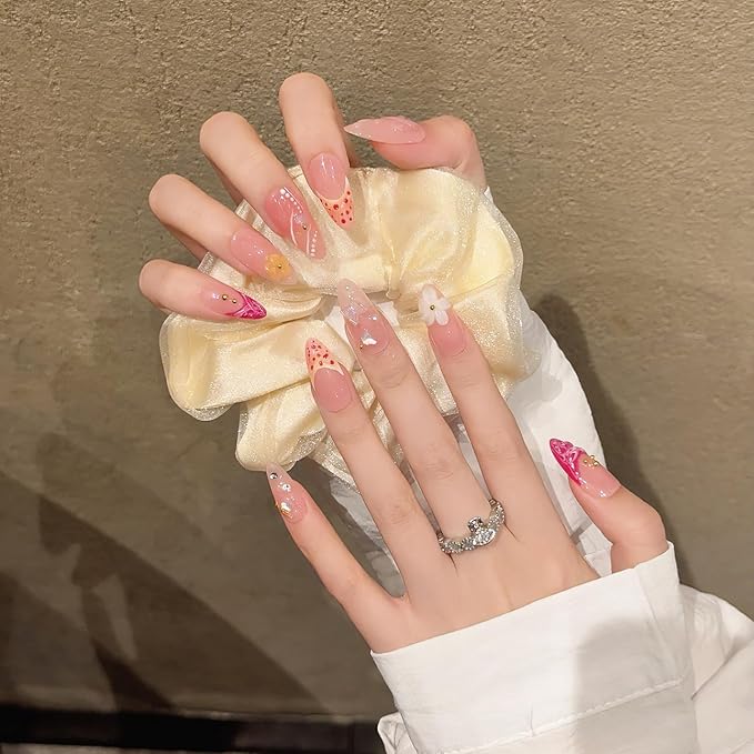 Press-On Nails Set, Pink Pearl Floral Design with Rhinestones, Artificial Nail Tips (Pink, Long)