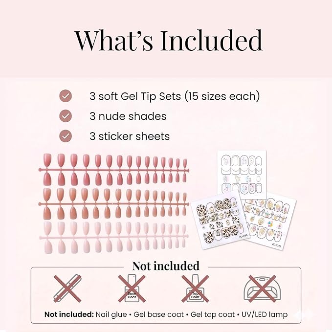WilloTips Soft Gel Press-On Nail Tips – Medium Almond | 3 Nude Shades, 15 Sizes per Set | Gel-X Nail Extension Style, Tips-Only Refill Pack + Nail Art Sticker Sheets (No Glue, No Lamp)