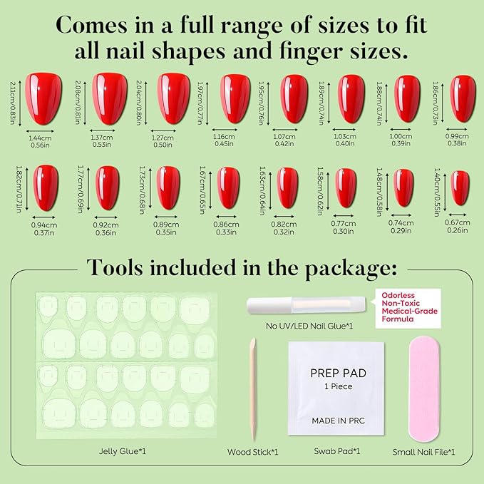 Luxbon Chrome Press On Nails with No-Cure Nail Glue and Tool Kit – Short Almond Soft Gel Tips 25-30pcs Full Size Set, Reusable Fake Nails for Women, Salon Look at Home, Red