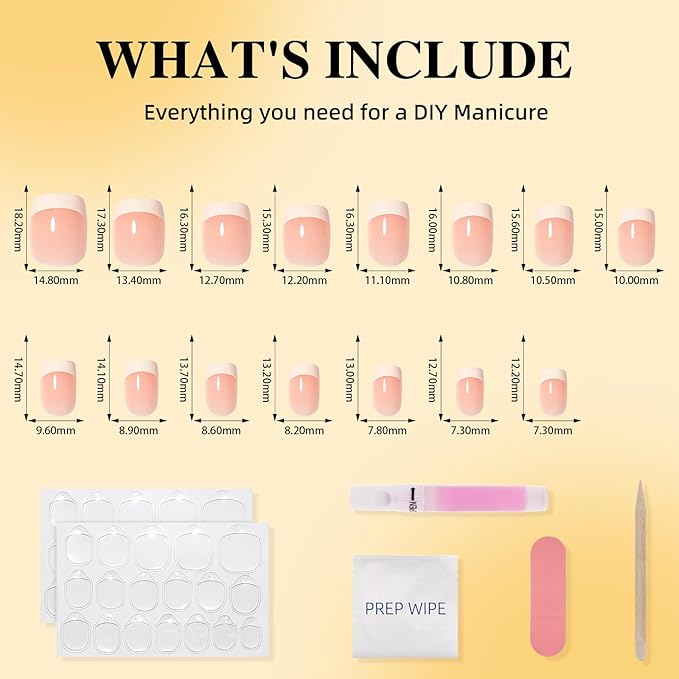 French Tip Press On Nails, Short Square Press on Nails White Nails Press Ons for Women Fake Nails with Glue, Glossy Reusable Glue on Nail in 15 Sizes - 30pcs, Porcelain French