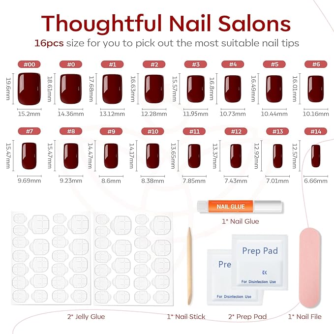 Modelones Press on Nails, Dark Red Short Square Fake Nails, Spring Reusable Nail Kit with Nail Glue Adhesive Tabs Mini Nail File, Nails Press Ons 32Pcs16 Sizes, Women Girl Gift