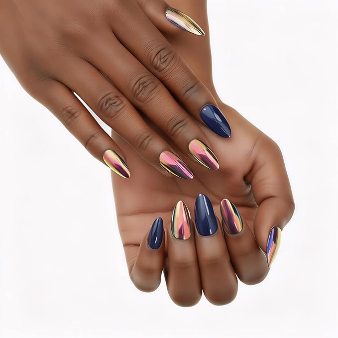 Acrylic Press On Nails Blue Almond - Nail Kit Iridescent Chrome Reusable Manicure for Women, 24 Nails in 12 Sizes with Glue, Adhesive Tabs, File, Prep Pad, Manicure Stick