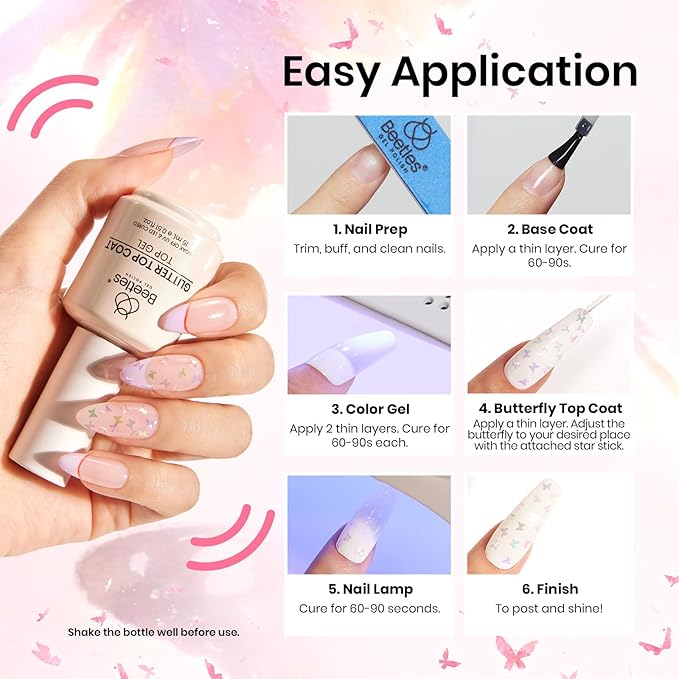 Beetles Glitter Gel Top Coat 15ml - Mirage Butterfly Glitter Shine No Wipe Top Coat Long-Lasting for Gel Polish, Butterfly Sparkle Soak Off UV LED Gift for Women