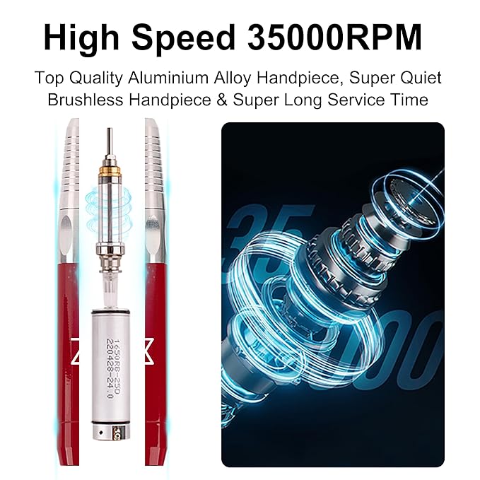 M - Max Brushless Motor Nail Drill Handpiece Only - 35K RPM | Machine Not Included | Compatible with M Brushless Nail Drill System (Handpiece - Red)