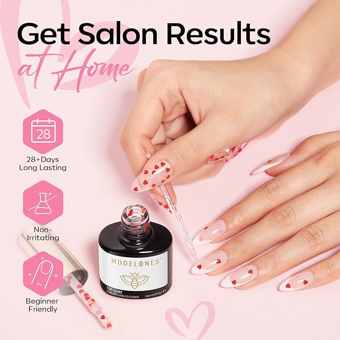 modelones Heart Glitter Gel Top Coat, Valentine's Day 15 ML No Wipe Clear Gel Nail Polish 2 in One Red Pink Color Reflective Hearts Sequins Glossy Shine Long Lasting Soak Off Manicure Gift for Women