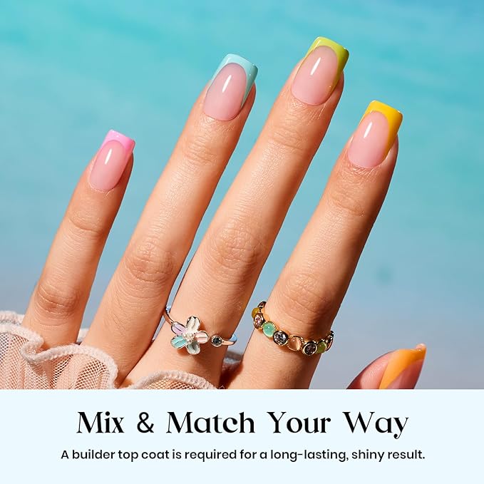 Beetles Summer Press On Nails 224 Pcs 7 Colors, French Tip Nails Short Square Classic Fake Nail Tips, Rainbow Soft Nail Gel False Nails Art DIY For Women