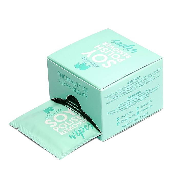 ella+mila Soy Nail Polish Remover Wipes - Non-Acetone, Non-Toxic Fingernail Polish Remover Pads - Travel Size, Individually Wrapped, Lint Free - Enriched with Vitamins (12 Pack)