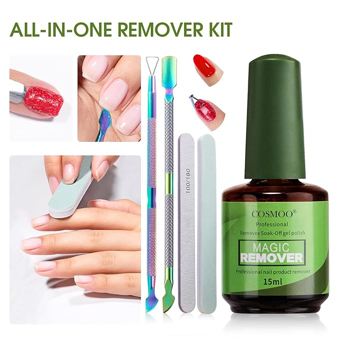 COSMOO Magic Gel Polish Remover Kit, Professional Gel Remover for Nail, Quickly Remove Gel Nails Polish in 2-5 Minutes, Includes Tools Nail file and Nail Removal Push