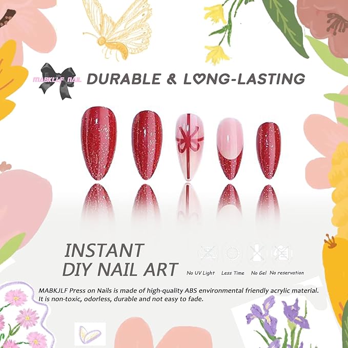 Christmas Press on Nails Medium Almond MABKJLF Fake Nails French Tip False Nails with Bow Glitter Designs Red Glossy Glue on Nail Full Cover Acrylic Nails for Women Girls 24Pcs
