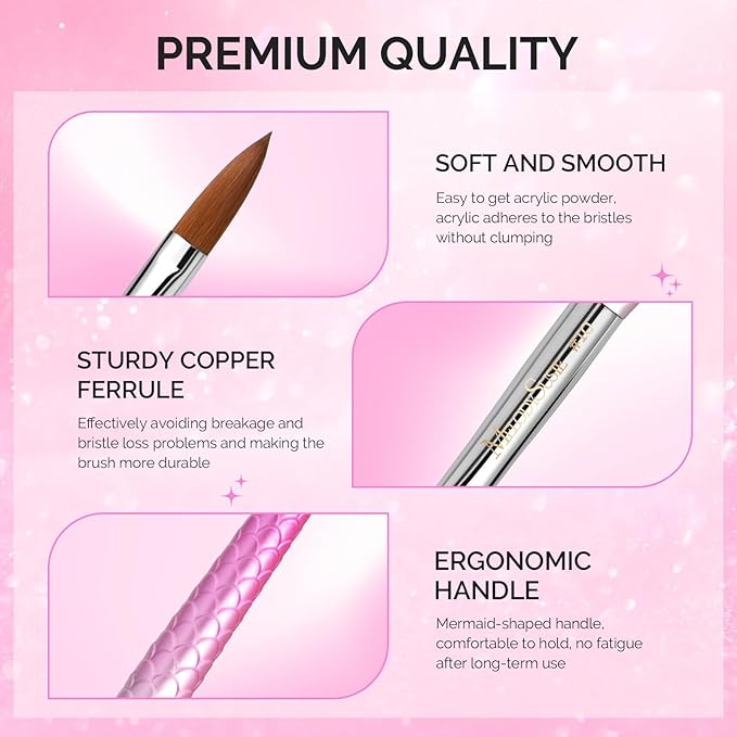 MelodySusie 3Pcs Acrylic Nail Brush Set, Size 8/10/14 with Brush Holder, Nail Art Brushes for Acrylic Application Powder Nail Extension and 3D Carving, Nail Art Tools for DIY Home Salon, Pink-Silver