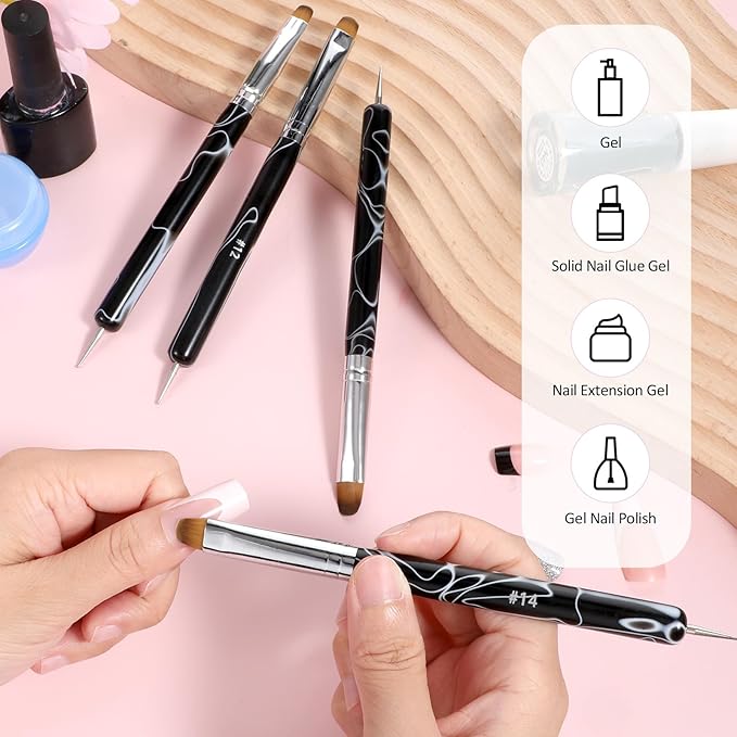 4pcs 2 Way Nail Art Brush with Dotting French Nail Brush Set French Gel Acrylic Nail Art Brush Professional Manicure Tool for Nail Arts Detailed Design Manicure Cuticle Clean up (10#, 12#, 14#, 16#)