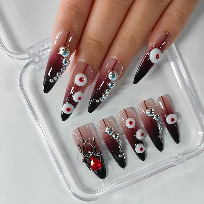 Halloween Press on Nails Long Almond 3D Handmade Nails Thick Acrylic Fake Nails Gothic False Nails with Spider Charms Rhinestones Eyeball Designs Dark Red Sturdy Nail Art Press on Nails 10Pcs(S)