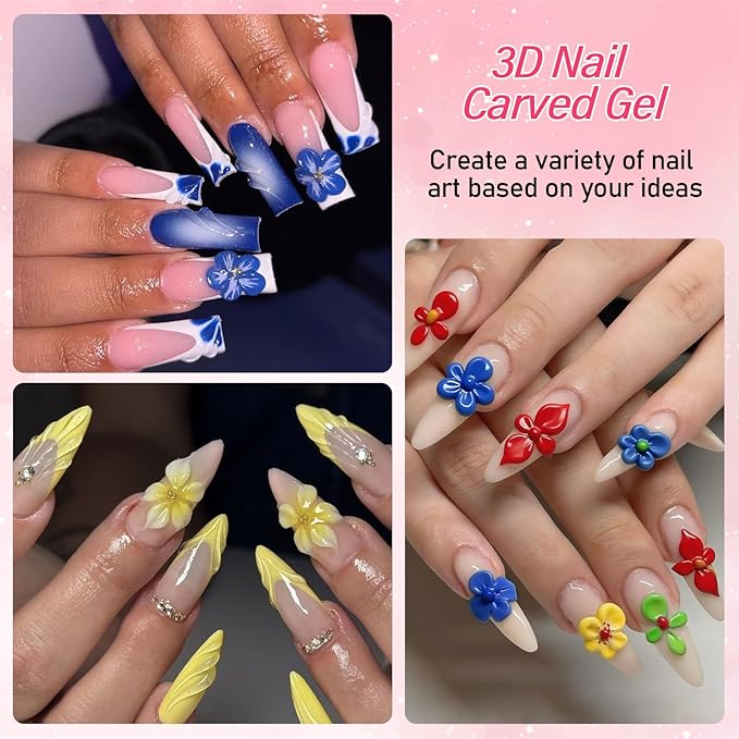 EBANKU Sculpture Painting Nail Gel Set, 6 Colors 3D Nail Carved Gel Sculpture Creative DIY Decoration Painting Glue with Silicone Pen, Cuticle Pusher and Carving Brush