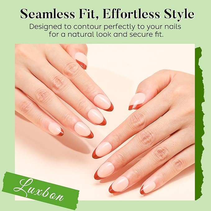 Luxbon Short Press On Nails Almond Durable with No-Cure Nail Glue and Tool Kit – Durable Press On Nails French Manicure Soft Gel Tips 25-30pcs Full Size Set, Reusable Fake Nails for Women, Red