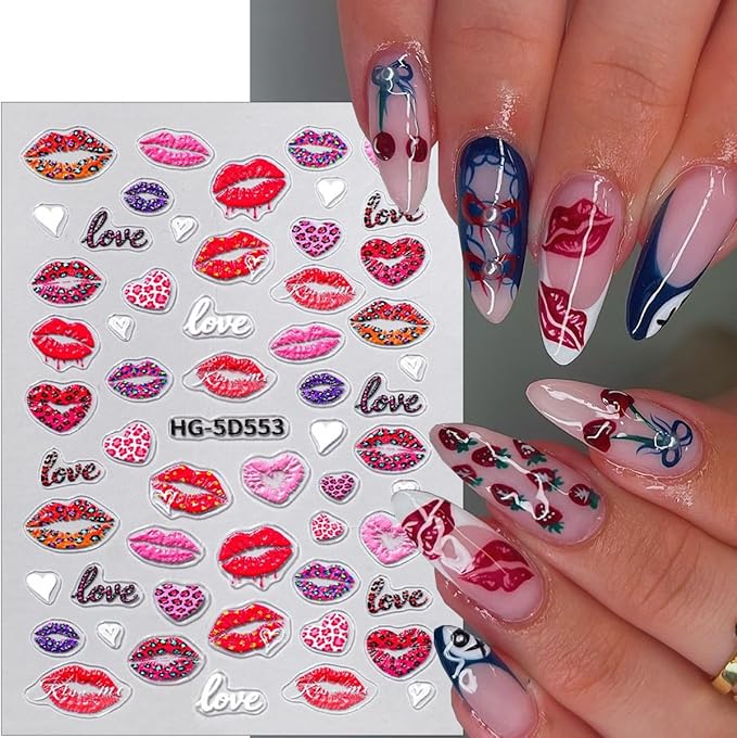 4Pcs Valentines Day Nail Stickers 5D Embossed Red Lips Heart Nail Art Stickers Leopard Print Lips Bow Love Designs Self-Adhesive Nails Art Supplies Holiday Nail Decals for Women Manicure Decorations