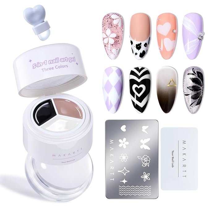 Makartt 5-in-1 Nail Art Gel: ColorPot 3 Colors Gel Nail Polish No Wipe with Nail Stamp for Stamping, Ombre Patting, Painting, Sculpting & French Tips with Silicone Head for Diy Nails at Home Salon