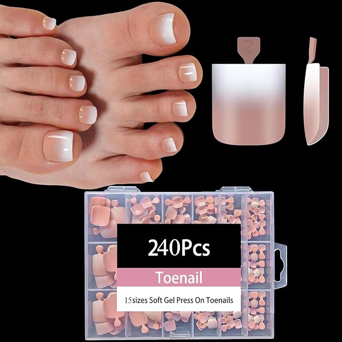 240Pcs Toe Press on nails, Short Brown Ombre Toe Nail Press Ons for Women in 15Sizes, French Tip False Toenails Extension, Soft Gel Toe Nail Tips, Acrylic Full Cover Fake Toenails for Girl