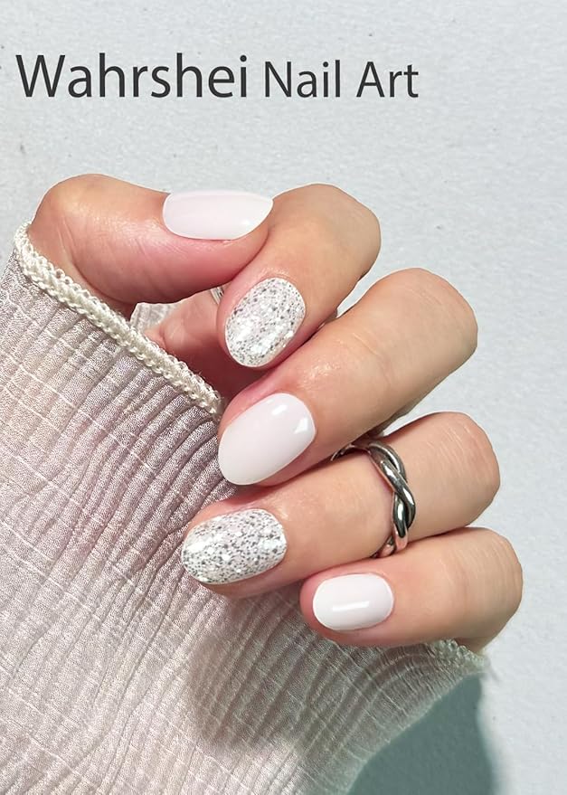 UV Gel Nail Stickers, Milky White Glitter 30pcs Semi Cured Gel Nail Strips, Wraps for Home Manicure DIY