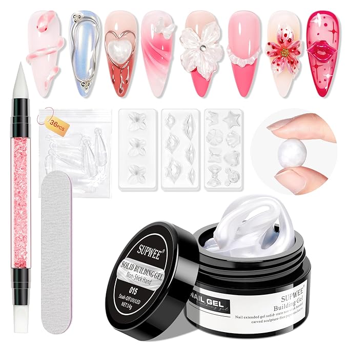 Pearl White Solid Builder Gel for Nails with 3D Flowers Nail Mold Extension Molding 3D Nail Art Gel Soak Off UV Gels
