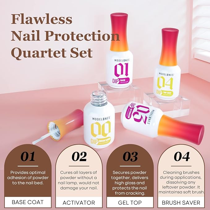 Modelones Dip Powder Liquid Set 4+4 Pcs, Dip Powder System Set with Base Coat/Top Coat/Activator/Brush Saver/Manicure Tools for Nail Kit Art DIY Salon - 15ml/0.5oz