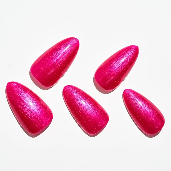 GLAMERMAID Hot Pink Press on Nails Medium Almond, Handmade Pearl Pink Red Neutral Jelly Sofy Gel Glue on Nail Stiletto, Glossy Fake Nails Short Oval，Reusable Acrylic Stick on False Nail Kits for Women