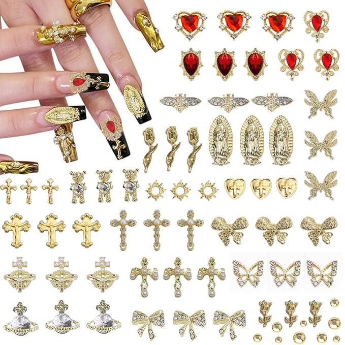 80+ Pcs Golden Nail Charms with Nail Art Rhinestones Gold Cross Virgin Mary and Rose Heart Nail Gems for Acrylic Nails Accessories for Women Manicure Craft DIY Decorations Supplies